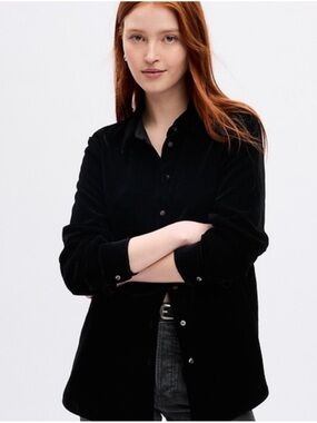 GAP Velvet Button-down Blouse Boyfriend Shirt Black  NWT